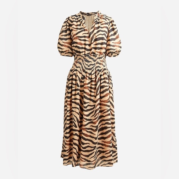 NWT J. Crew Zebra Stripe Smocked Waist Cotton Short Sleeve Midi Dress Size Small - Picture 2 of 12